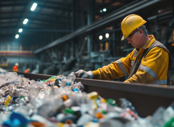 Worker sorting recyclable plastic bottles at a recycling facility