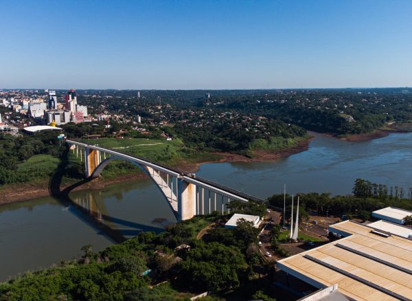 View of the Friendship Bridge 08 may 2022 (Ponte da Amizade) over the Parana river, connecting Brazil, to Paraguay. High quality photo