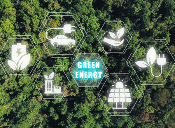 Green energy concept, Aerial top view green forest with green energy icon on vr screen, Environmental technology, circular economy.